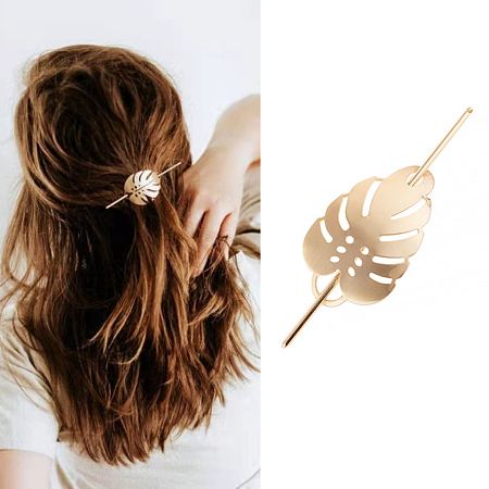 Honeyhandy Alloy Hair Sticks, Hollow Hair Ponytail Holder, for DIY Hair Stick Accessories, Monstera Leaf, Light Gold, 126x2.5mm