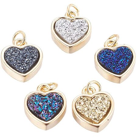 CHGCRAFT 10pcs Druzy Resin Pendants Mixed Color Heart Druzy Resin Pendants with Brass Finding for Jewelry Making, 14x12x4mm, Hole 3mm