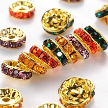 Honeyhandy Brass Grade A Rhinestone Spacer Beads, Golden Plated, Rondelle, Nickel Free, Mixed Color, 10x4mm, Hole: 2mm