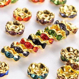 Honeyhandy Brass Rhinestone Spacer Beads, Grade A  Mix, Rondelle, Golden and Nickel Free, Assorted Colors, Size: about 6mm in diameter, 3mm thick, hole: 1mm