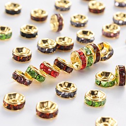 Honeyhandy Brass Grade A Rhinestone Spacer Beads, Golden Plated, Rondelle, Nickel Free, Mixed Color, 6x3mm, Hole: 1mm