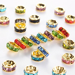 Honeyhandy Brass Grade A Rhinestone Spacer Beads, Golden Plated, Rondelle, Nickel Free, Mixed Color, 8x3.8mm, Hole: 1.5mm