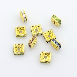 Honeyhandy Brass Rhinestone Spacer Beads, Grade A, Square, Mixed Color, Nickel Free, Golden Metal Color, Size: about 6mmx6mmx3mm, hole: 1mm