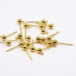 Honeyhandy Brass Ball Post Ear Studs, Stud Earring Findings, with Loop, Golden, 15x4mm, Hole: 1mm