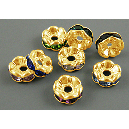 Honeyhandy Brass Rhinestone Spacer Beads, Grade A  Mix, Rondelle, Golden and Nickel Free, Assorted Colors, about 7mm in diameter, 3.2mm thick, hole: 1mm