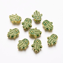 Honeyhandy Tibetan Style Alloy Beads, Hamsa Hand/Hand of Fatima/Hand of Miriam, Golden & Green Patina, 12x10x4mm, Hole: 1mm