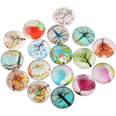 Arricraft 200pcs Life Tree Printed Glass Cabochons 18mm Flat Back Domed Cabochon Beads for Necklace Embellishment DIY Jewelry Making
