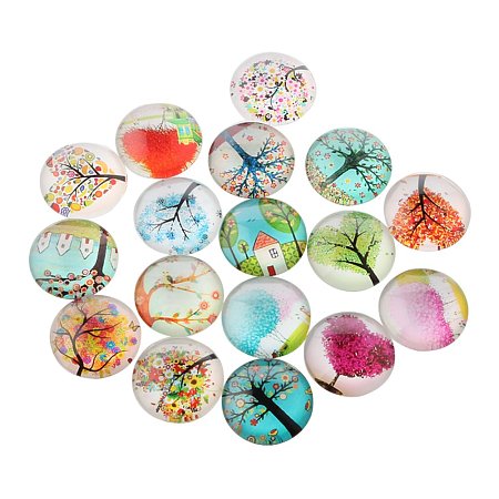 NBEADS 100 Pcs Tree of Life Printed Half Round/Dome Glass Cabochons, Mixed Color, 25x7mm