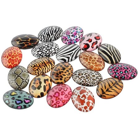 Arricraft 100pcs Leopard Printed Glass Cabochons 25x18mm Flat Oval Round Cabochon Beads for Scrapbooking Embellishment DIY Jewelry Making