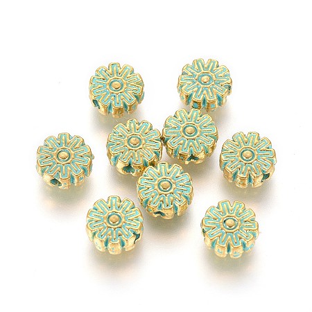 Nbeads Alloy Beads, Flower, Golden & Green Patina, 6x6.5mm, Hole: 1.2mm
