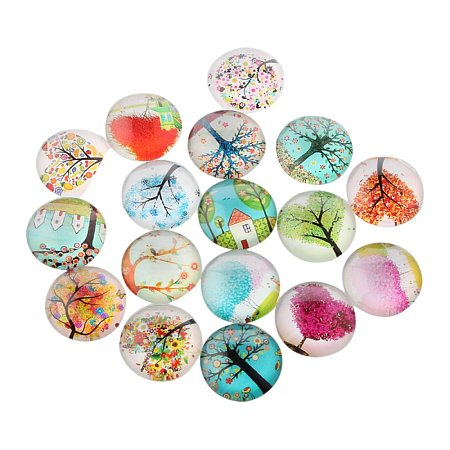 ARRICRAFT 10PCS 14x5mm Mixed Tree of Life Printed Dome Glass Cabochons, Half Round Flatback
