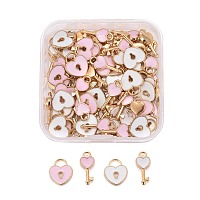 ARRICRAFT 80Pcs 4 Style Alloy Enamel Charms, Heart Lock & Key, Pink and White, Light Gold, 13~16x7~11x1.5~2.5mm, Hole: 3x4mm & 1.8mm, 20pcs/Style