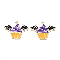 Honeyhandy Halloween Alloy Enamel Pendant, Bat with Cake, Light Gold, 22x30x1mm, Hole: 1.5mm