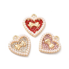 Honeyhandy Alloy Rhinestone Pendants, with ABS Plastic Imitation Pearl Bead, Golden Tone Heart with Bowknot Charms, Mixed Color, 17x16x3mm, Hole: 1.8mm