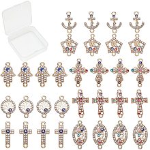 SUNNYCLUE 1 Box 32Pcs 8 Styles Evil Eye Connectors Golden Plated Rhinestone Cross Oval Hamsa Hand Flat Round Tree of Life Links Charms Lucky Chakra Pendants for Jewelry Making Charms Bracelets Crafts