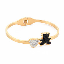 Honeyhandy Ion Plating(IP) Rhinestone Bear & Heart Bangle, Stainless Steel Hinged Bangle with Polymer Clay for Women, Golden, Inner Diameter: 1-7/8x2-1/4 inch(4.8x5.8cm)