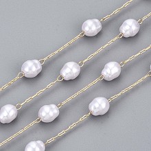 Honeyhandy Handmade ABS Plastic Imitation Pearl Beads Chains, for Necklaces Bracelets Making, with Brass Paperclip Chains, Long-Lasting Plated, Soldered, Light Gold, Creamy White, Link: 3x1x0.4mm, Oval: 1/4x1/4 inch(7.5x6.5mm,Link: 3x1x0.4mm, Oval: 7.5x6.5mm