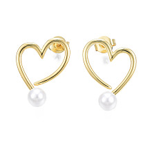 Honeyhandy Brass Open Heart Stud Earrings with ABS Plastic Pearl for Women, Nickel Free, Real 18K Gold Plated, 18x13.5mm, Pin: 0.8mm