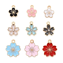 ARRICRAFT 90Pcs 9 Style Alloy Enamel Pendants, with Crystal Rhinestone, Sakura & Plum Blossom Flower, Light Gold, 10pcs/Style