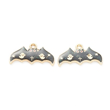 Honeyhandy Alloy Enamel Pendants, Jewelry Accessory, Light Gold, Halloween Theme, Bat with Ghost, Black, 13.5x25x2mm, Hole: 1.6mm