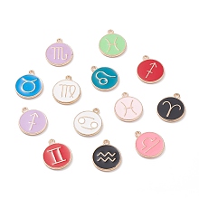 Alloy Enamel Pendants, Light Gold, Flat Round, 12 Constellations, 21x18x2mm, Hole: 2mm