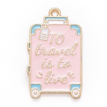 Honeyhandy Alloy Enamel Pendants, Suitcase with Word, Light Gold, Pink, 32x18.5x1.5mm, Hole: 1.8mm