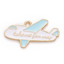 Honeyhandy Alloy Enamel Pendants, Plane with Word Take Me Far Way, Light Gold, WhiteSmoke, 18x29x1.5mm, Hole: 1.8mm