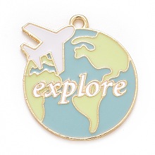 Honeyhandy Alloy Enamel Pendants, Plane with Earth & Word Explore, Light Gold, White, 29x26x1.5mm, Hole: 2mm