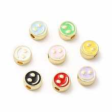 Honeyhandy Rack Plating Alloy Enamel Beads, Cadmium Free & Nickel Free & Lead Free, Flat Round with Smiling Face Pattern, Light Gold, Mixed Color, 7.5x4mm, Hole: 2mm