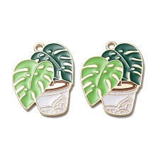 Honeyhandy Alloy Enamel Pendants, Cadmium Free & Lead Free, Pot Culture with Leaf, Light Gold, Lawn Green, 29.5x23x1.5mm, Hole: 2mm