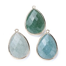 Honeyhandy Faceted Natural Green Aventurine Pendants, with Light Gold Plated Brass Edge and Loop, Teardrop, 28.5~29.5x19~20x7mm, Hole: 1.2mm