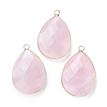 Honeyhandy Faceted Natural Rose Quartz Pendants, with Light Gold Plated Brass Edge and Loop, Teardrop, 28.5~29.5x19~20x7mm, Hole: 1.2mm