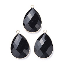 Honeyhandy Faceted Natural Black Obsidian Pendants, with Light Gold Plated Brass Edge and Loop, Teardrop, 28.5~29.5x19~20x7mm, Hole: 1.2mm