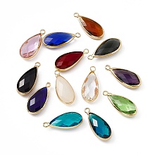 Honeyhandy K9 Glass Pendants, Teardrop Charms, Faceted, with Light Gold Tone Brass Edge, Mixed Color, 24.5x10.5x5.5mm, Hole: 2.3mm