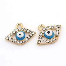 Honeyhandy Alloy Rhinestone Pendants, Enamel Style, Evil Eye, Light Gold, 14x17x4mm, Hole: 2mm