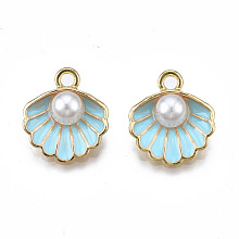 Honeyhandy Alloy Pendants, with ABS Plastic Imitation Pearl & Enamel, Shell with Pearl, Light Gold, Sky Blue, 16x15x7mm, Hole: 1.5mm