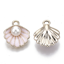 Honeyhandy Alloy Pendants, with ABS Plastic Imitation Pearl & Enamel, Shell with Pearl, Light Gold, Misty Rose, 16x15x7mm, Hole: 1.5mm