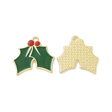 Honeyhandy Christmas Theme Rack Plating Alloy Enamel Pendants, Light Gold Tone Holly Charms, Dark Green, 22.5x24x1.5mm, Hole: 2mm