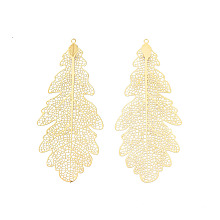 Honeyhandy 304 Stainless Steel Big Pendants, Etched Metal Embellishments, Leaf, Real 18K Gold Plated, 67x28.5x0.3mm, Hole: 1.2mm