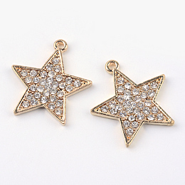 Honeyhandy Alloy Rhinestone Pendants, Star, Light Gold, 26x24x2.5mm, Hole: 2mm