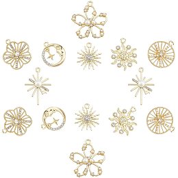 SUNNYCLUE 1 Box 14Pcs 7 Styles Alloy Rhinestone Pendants Cubic Zirconia Charms Crystal Flower Chandelier Component Gold Decoration for DIY Earring Necklace Jewelry Making Findings Gifts