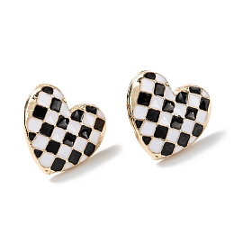 Honeyhandy Black and White Checkerboard Heart Stud Earrings, Alloy Enamel with 925 Sterling Silver Pin, for Girl Women, Light Gold, 14.7x16x3.5mm, Pin: 0.8mm