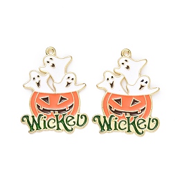 Honeyhandy Halloween Alloy Enamel Pendant, Pumpkin Jack-O'-Lantern with Ghost, Light Gold, 28.5x22x1mm, Hole: 1.4mm