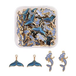 ARRICRAFT 50Pcs 2 Style Alloy Enamel Pendants, Mermaid & Whale Tail Shape,  Light Gold, Blue, 17~29x12.5~20x2~3mm, Hole: 1.4~1.6mm, 25pcs/Style