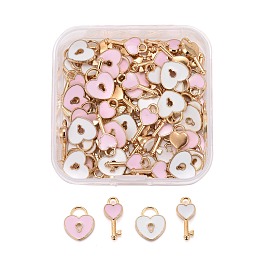 ARRICRAFT 80Pcs/Box 4 Style Alloy Enamel Charms, Heart Lock & Key, Pink and White, Light Gold, 13~16x7~11x1.5~2.5mm, Hole: 3x4mm & 1.8mm, 20pcs/Style