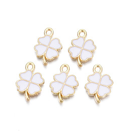 Honeyhandy Rack Plating Alloy Enamel Pendants, Cadmium Free & Nickel Free & Lead Free, Clover, Light Gold, White, 19x13x1.5mm, Hole: 1.6mm