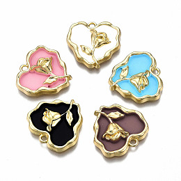 Honeyhandy Rack Plating Alloy Enamel Pendants, Cadmium Free & Lead Free, Light Gold, Heart with Rose, Mixed Color, 20x21x4mm, Hole: 1.8mm