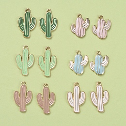 Cactus Theme, Alloy Pendants, with Enamel, Cactus, Light Gold, Mixed Color, 26x15.5x1mm, Hole: 1.4mm; 21x16x3mm, Hole: 1.5mm; 12pcs/set