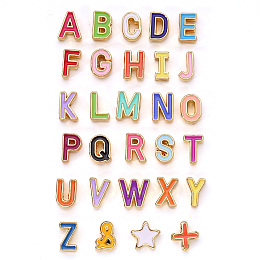 Honeyhandy Rack Plating Alloy Enamel Beads, Cadmium Free & Nickel Free & Lead Free, Mixed Color Alphabet with Other Symbol, Light Gold, Letter A~Z, 29pcs