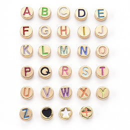 Honeyhandy Alloy Enamel Beads, Cadmium Free & Lead Free, Flat Round with Initial Letters and Other Symbol, Light Gold, Letter A~Z, 8x4mm, Hole: 1.5mm, 29 colors, 1pc/color, 29pcs